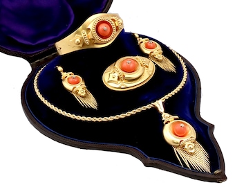Antique Victorian 20.25 ct Coral and Diamond, 22k Yellow Gold Jewellery Set