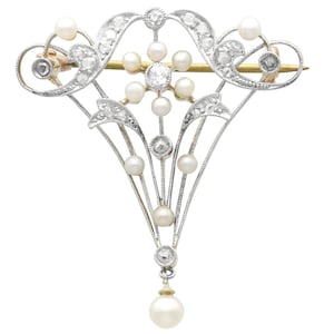 Antique Belle Epoque 0.23ct Diamond and Pearl, 15k Yellow Gold Brooch