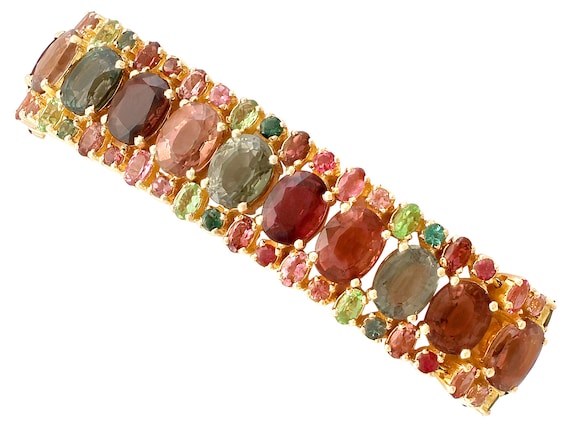 Oval Opal, Princess-Cut Pink Tourmaline and 1/8 CT. T.W. Diamond Marquise  Link Bolo Bracelet in 10K Gold - 9.5