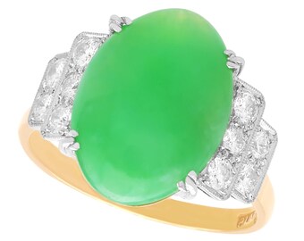 7.02ct Jadeite and 0.70ct Diamond, 22ct Yellow Gold Dress Ring - Art Deco - Vintage Circa 1940