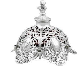 Sterling Silver and Cranberry Glass Inkwell - Antique Victorian (1850)