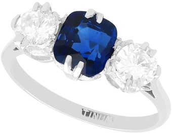 1.33ct Basaltic Sapphire and 0.88ct Diamond, Platinum Trilogy Ring - Antique Circa 1925