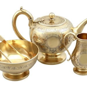 Sterling Silver Gilt Three Piece Bachelor Tea Service - Antique Victorian (1876)