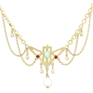 Antique Art Nouveau 0.32 ct Opal and Ruby, 9k Yellow Gold Necklace