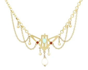 Antique Art Nouveau 0.32 ct Opal and Ruby, 9k Yellow Gold Necklace