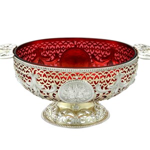 Sterling Silver Gilt and Cranberry Glass Dish - Antique Victorian