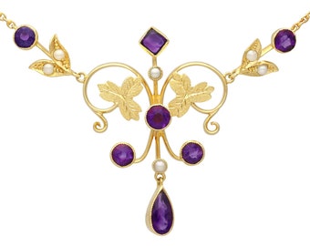 1.45ct Amethyst and Seed Pearl, 15ct Yellow Gold Necklace - Antique Circa 1880