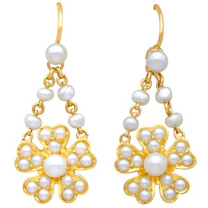 Seed Pearl and 18ct Yellow Gold Drop Earrings - Antique Circa 1890