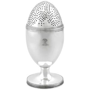 May include: A silver egg-shaped tea caddy with a perforated top. The caddy has a pedestal base and a small emblem on the body. The design is simple and elegant, with a polished finish. The height is approximately 15 cm.
