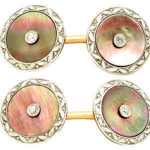 Mother of Pearl and 0.12 ct Diamond, 14 ct Yellow Gold Cufflinks - Antique Circa 1920
