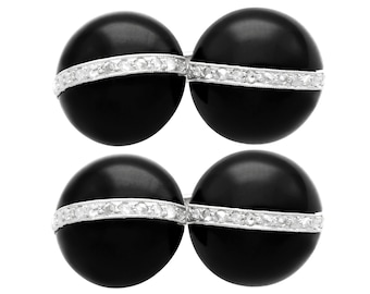 Art Deco Black Onyx and 0.33ct Diamond, 18k White Gold Cufflinks