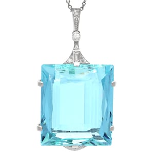 42.88ct Aquamarine, 0.10ct Diamond and 9k White Gold Pendant - Antique Circa 1935