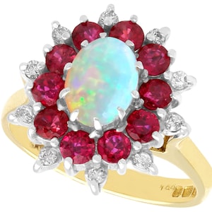 0.65ct Opal, 1.10ct Ruby and 0.22ct Diamond, 18ct Yellow Gold Dress Ring - Vintage 1984