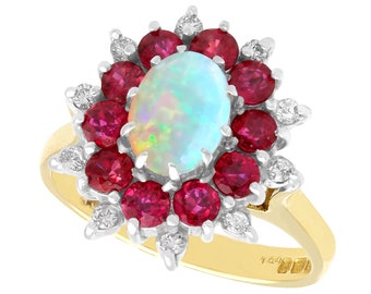 0.65ct Opal, 1.10ct Ruby and 0.22ct Diamond, 18ct Yellow Gold Dress Ring - Vintage 1984