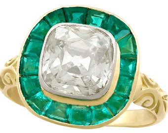 Antique 3.25ct Emerald and 1.92ct Diamond, 18k Yellow Gold Dress Ring