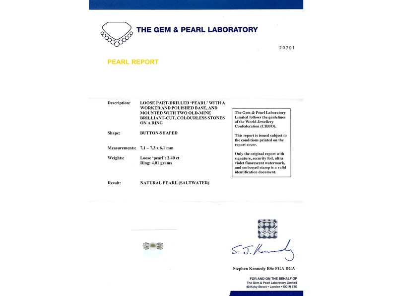 May include: A pearl report from The Gem & Pearl Laboratory, stating that the loose, part-drilled pearl is natural saltwater, button-shaped, 7.1-7.3 x 6.1 mm, and weighs 2.40 grams. The pearl is mounted on a ring with two old-mine brilliant-cut, colorless stones.