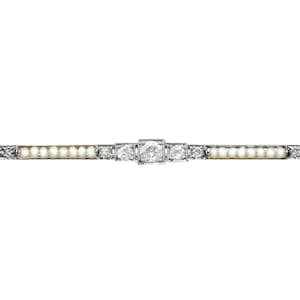 1900s Antique 0.63ct Diamond and Seed Pearl, 18ct White Gold Bar Brooch