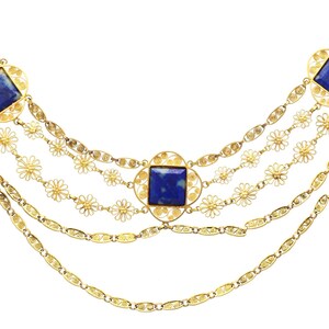 May include: A gold necklace with four strands of chain and four square lapis lazuli stones set in filigree. The necklace features a floral design.