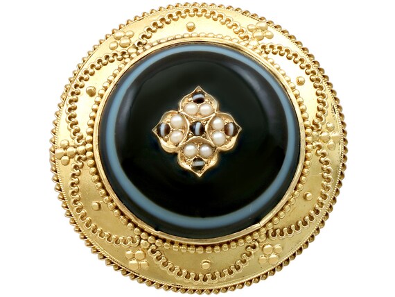 Agate and Pearl, 18 ct Yellow Gold Brooch / Locke… - image 1