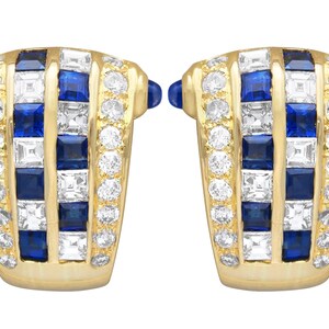 Vintage 0.65ct Sapphire and 0.77ct Diamond, 18ct Yellow Gold Earrings 1988