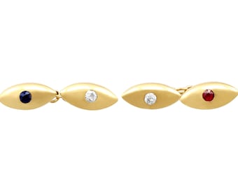 Antique French 18k Gold Cufflinks: Sapphire, Ruby & Diamond