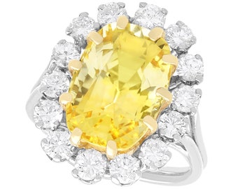 10.78ct Ceylon Yellow Sapphire and 1.42 ct Diamond, Platinum Dress Ring - Vintage French Circa 1960