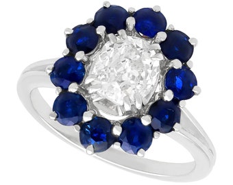 0.95 ct Sapphire and Diamond, 18ct White Gold Cluster Ring - Vintage Circa 1960