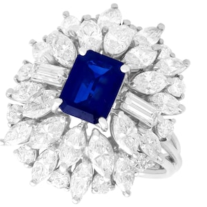 Vintage 1.97ct Basaltic Sapphire and 4.54ct Diamond Cluster Ring in 15ct White Gold