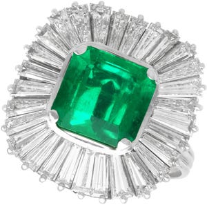 Vintage 3.20 Carat Emerald Ballerina Ring with 4.10 Carat Diamond in Platinum Circa 1950