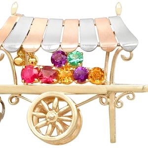0.85 ct Multi-Gemstone and 9 ct Yellow Gold 'Cart' Brooch - Vintage 1966