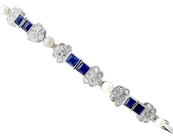 Antique 1.62ct Sapphire and 0.65ct Diamond, Seed Pearl and 18k White Gold Bracelet