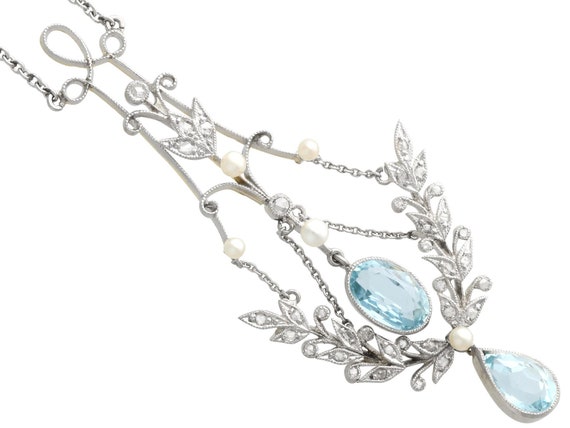 Antique 1.59ct Aquamarine, 1.59ct Diamond  Pearl … - image 3