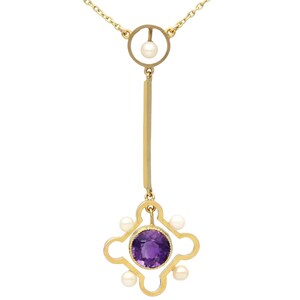 Antique 1.31ct Amethyst Necklace with Pearl in 15k Yellow Gold