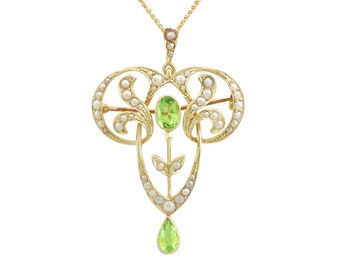 Antique Art Nouveau 1.01 ct Peridot and Seed Pearl, 18k Yellow Gold Pendant / Brooch