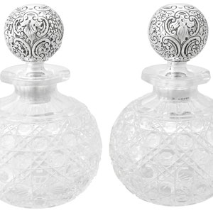 Pair of Cut Glass and Sterling Silver Scent Bottles by William Comyns & Sons - Antique Victorian