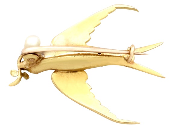 Seed Pearl and Ruby, 15ct Yellow Gold Bird Brooch… - image 5