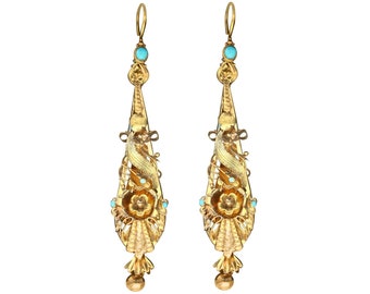 Antique Turquoise and 18 ct Yellow Gold Earrings - Circa 1820