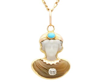 Antieke Victoriaanse agaat, gesneden kwarts, diamant en turkoois 15 kt geelgouden hanger