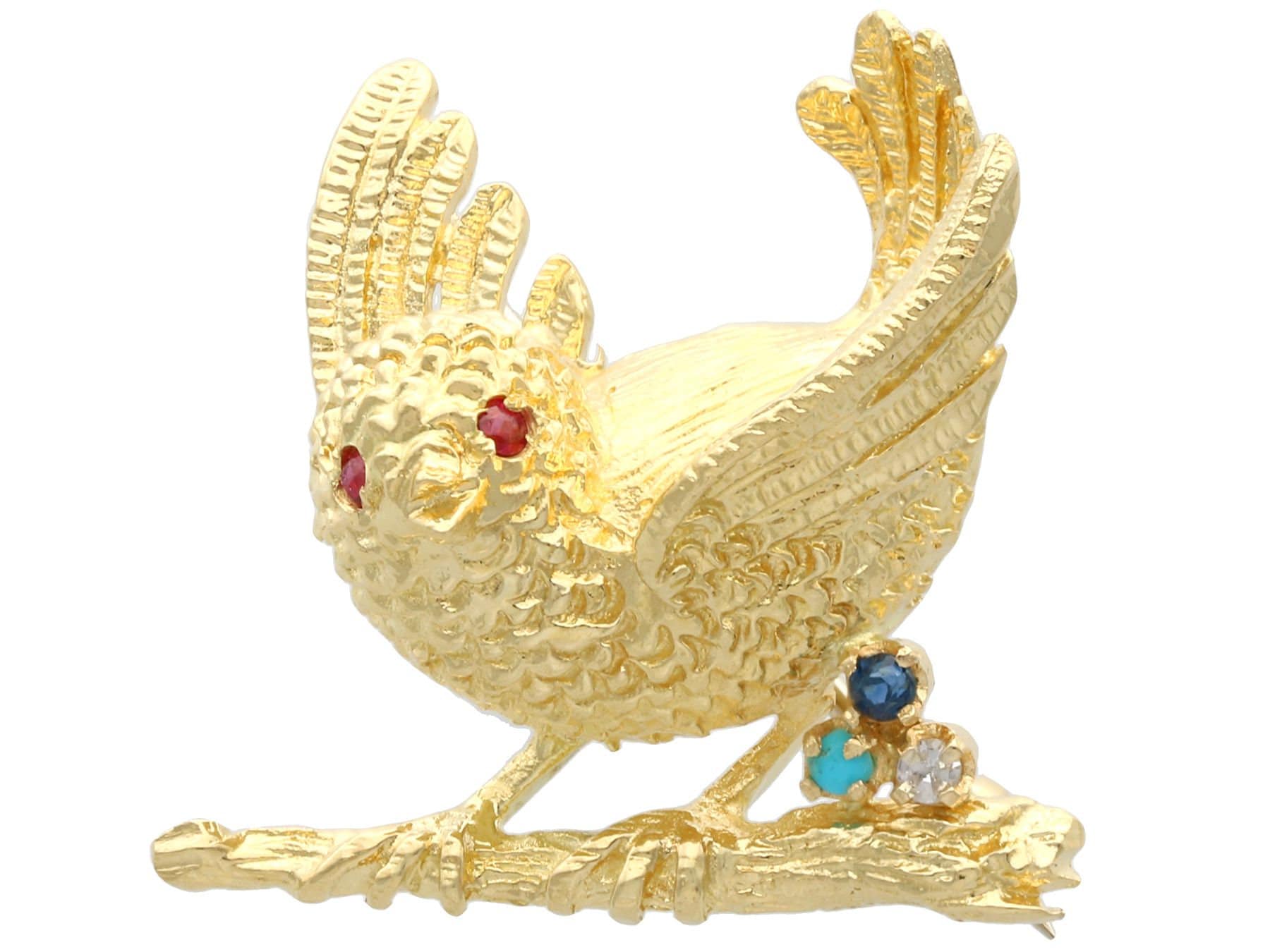 Broche Oiseau Vintage En Or Jaune 18 Carats - Sertie De Saphirs, Turquoises Et Diamants - Occasion