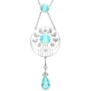 Antique 3.55ct Aquamarine Pendant 0.30ct Diamond in Platinum and 18ct Gold Circa 1910