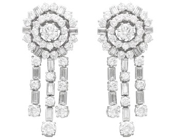 13.96ct Diamond and 18ct White Gold Drop Earrings - Vintage Circa 1960