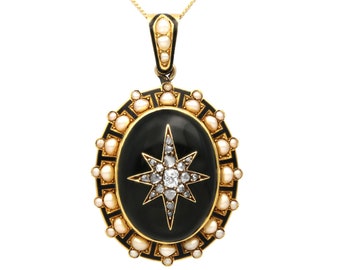 Onyx, 0,98 kt diamant, parel en email, 18 kt geelgouden medaillon - antiek circa 1880