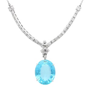 33.20 ct Aquamarine, 3.59 ct Diamond and Platinum Pendant - Vintage Circa 1950