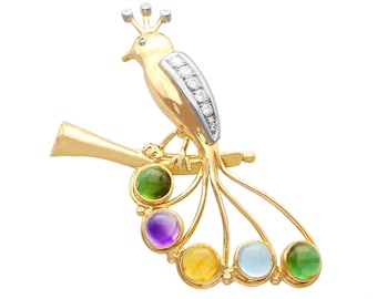 Vintage 18ct Gold Bird Brooch: Tourmaline, Amethyst, Citrine, Aquamarine & Diamond, Circa 1950