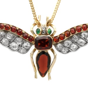 Antique 2.13ct Garnet, 1.50ct Diamond and Emerald, 9ct Yellow Gold Insect Pendant/Brooch