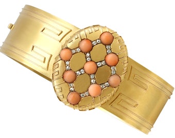 Antique Victorian Coral and 0.33ct Diamond, 18k Yellow Gold Bangle