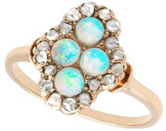 Antique Opal Diamond Ring: 14K Yellow Gold Quatrefoil, Circa 1910