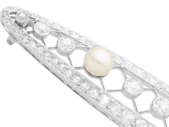 3.46ct Diamond and Natural Pearl, Platinum Brooch… - image 3