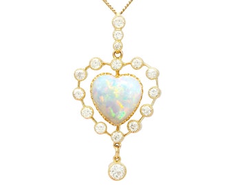 5.48 ct Opal and 2.91ct Diamond, 15 ct Yellow Gold Heart Pendant - Antique Circa 1910