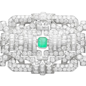 Antique Art Deco 1.02 ct Emerald and 11.88 ct Diamond Platinum Brooch
